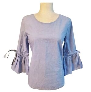 JCrew Women's Chambray Blue Slit Bell Sleeve  Cotton blouse Size Small EUC